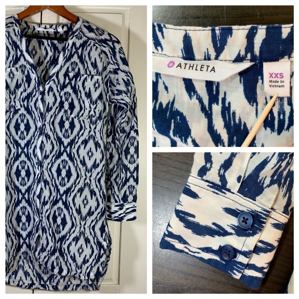 Athleta Ikat Print Tunic Top Women XXS Blue White Cotton Silk Shirt Dress Preppy - Picture 14 of 14